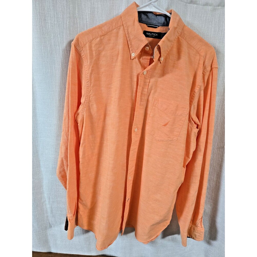 Nautica Classic Fit Button Down Shirt Mens Medium Orange/Peach Long Sleeve VGC